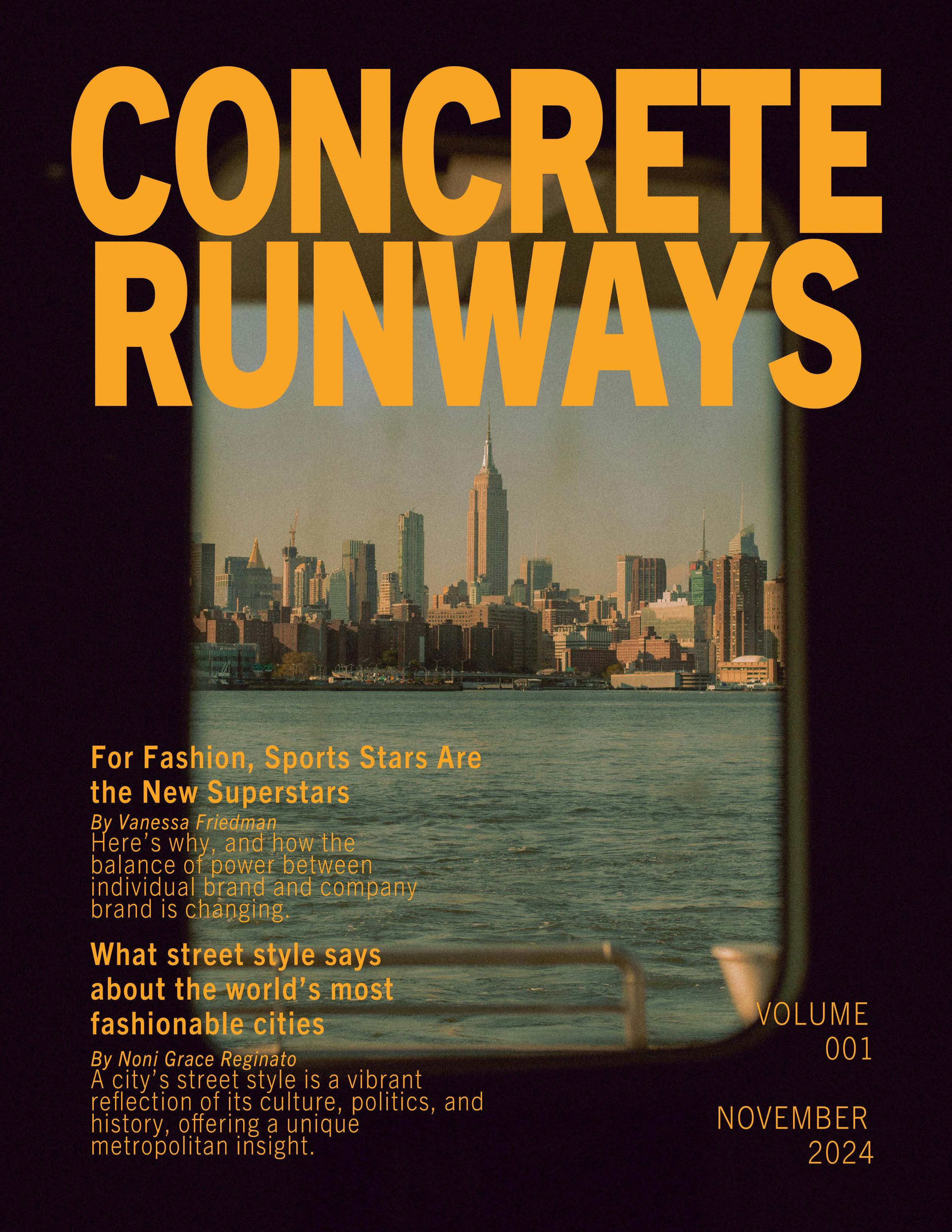 Cover of Concrete Runways magazine featuring a waterfront city skyline and bold yellow masthead